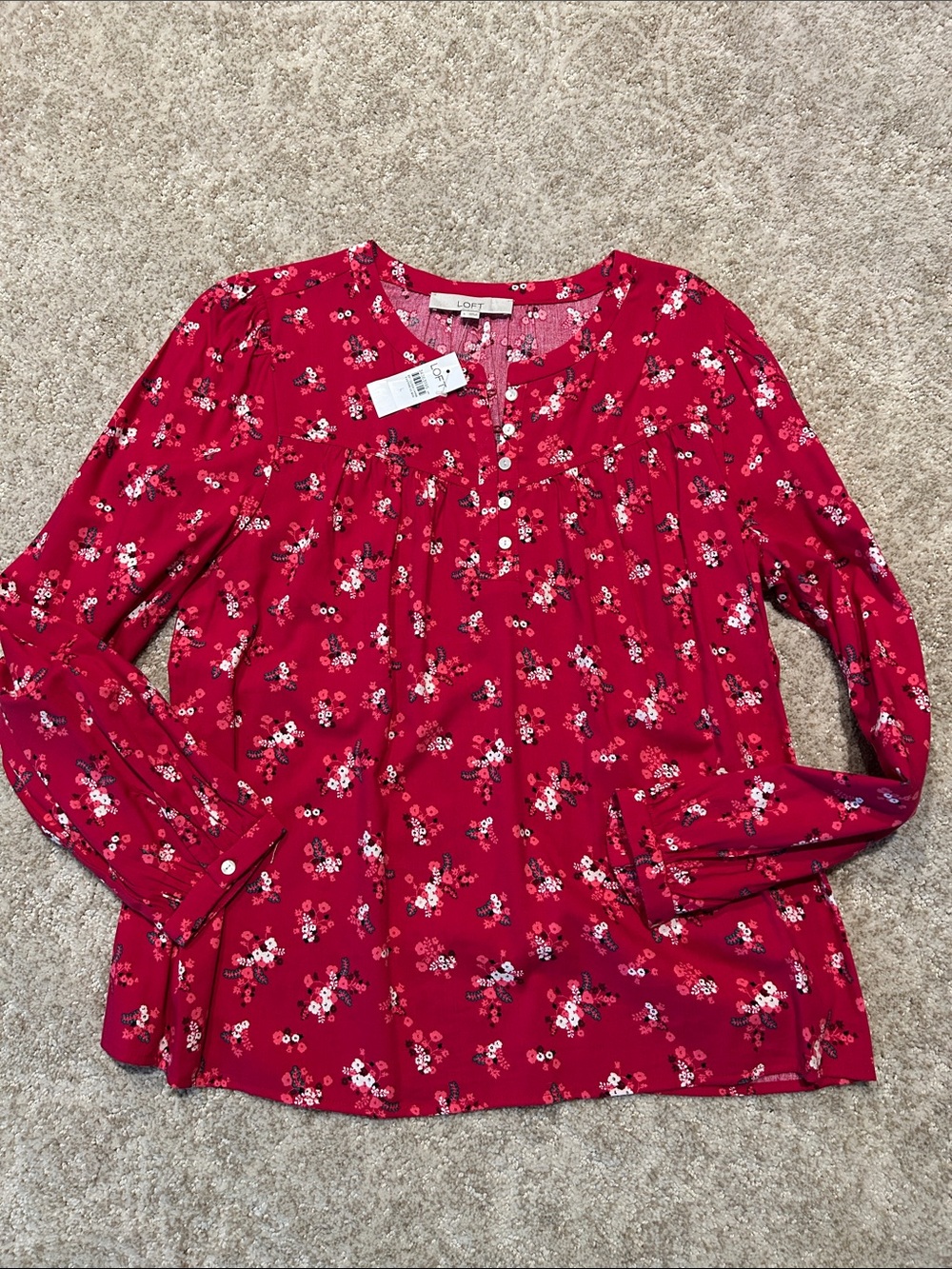 LOFT Red Floral Long-Sleeve Peasant Blouse